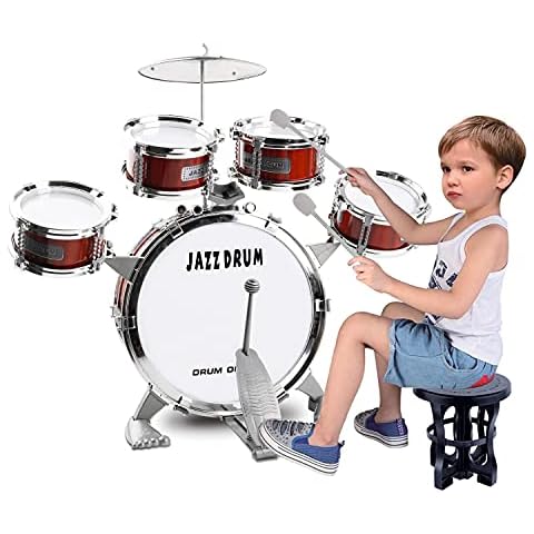 Kids Drum Set 9 Piece Toddler Drum Kit Musical Instruments Kids Jazz Drum Kit with Stool, Bass Drum, Cymbal, 2 Drum Sticks and 4 Small Drums Toys for 3 4 5 Year Old Boys Girls Gifts (Red) Cover