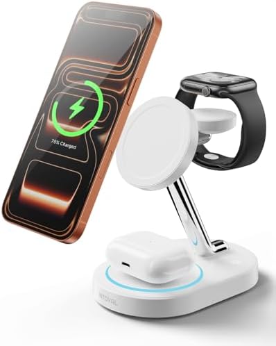 Intoval Fast Charging Station for Magsafe Apple Devices, Wireless Charger for MagSafe iPhones, 3 in 1 Magnetic Charger Stand for iPhone16/15/14/13, Apple Watch & AirPods.(White)