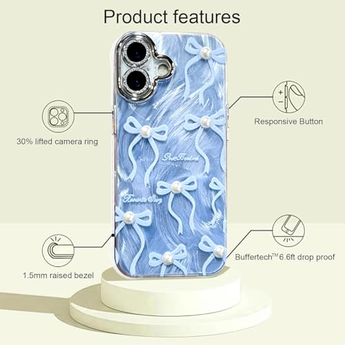 Image of VONZEE Compatible with iPhone 17 6.3'' Case Luxury Pink Girly Cute 3D Bow Pearl Glitter Bling Case with Full Camera Protection Shockproof PC+TPU Glossy Shiny Cover for Girls Women, Blue