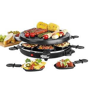 Giles & Posner EK4511G Electric Round Non-Stick Raclette Grill – Indoor Tabletop 6 Person Raclette, Non-Stick Grill Pans, Includes Spatulas, Approx. Plate Size 29 cm, 800 W, Party Food Machine, Buffet