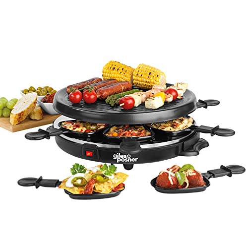 Giles & Posner EK4511G Electric Round Non-Stick Raclette Grill – Indoor Tabletop 6 Person Raclette, Non-Stick Grill Pans, Includes Spatulas, Approx. Plate Size 29 cm, 800 W, Party Food Machine, Buffet