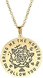 AMOZ 316L Edelstahl Blooming Rose Flower Halskette Gravierte Worte Follow You Bring Me The Horizon Runde Charm Schmuck Halsketten Für Männer Frauen Teens,Gold