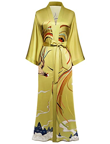 Prodesign Long Kimono Robe Satin Sleepwear Phoenix Handprinted Silky Kimono Nightgown Bathrobe Kimono Blouse Cardigan #TOP26