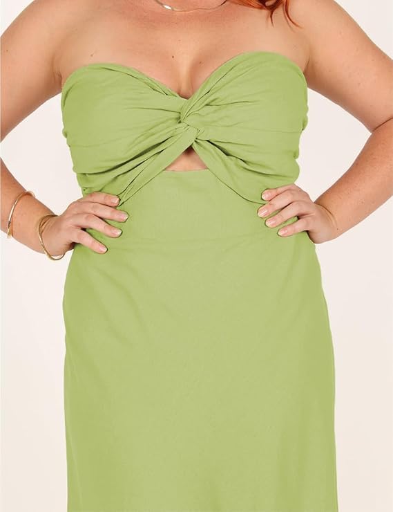 Image of Women Strapless Twist Front Midi Linen Cutout Wedding Guest Dress | Sexy,Sweetheart Neckline,Tube,Long,2026 Summer,Vacation,Formal,Cocktail,Bridesmaid,Party,Baby Shower,Beach,Elegant,Evening