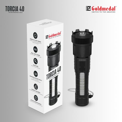 Image of Goldmedal Torcia 40 5W LED Rechargeable Torch Light | Long Range Beam | 6 Modes | Upto 6 Hours Battery Backup |Type C Charging |Zoomable Flashlight for Camping,Hiking &Emergency Use