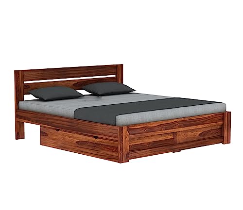 Image of MURARAKA ARTWooden Queen Size Cot with Drawer Storage - Solid Wood Queen Bed - Cot Akka Bed - Stylish Bedroom Furniture (Queen, Denzel, Honey Finish)