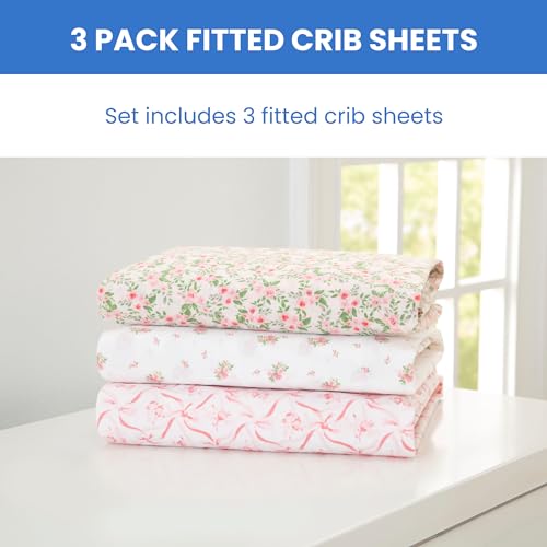 Image of Delta Children Fitted Crib Sheets for Girls and Boys - Crib Sheet for Standard Crib and Toddler Mattresses - 28x52 Inch (Pack of 3), Pink Floral