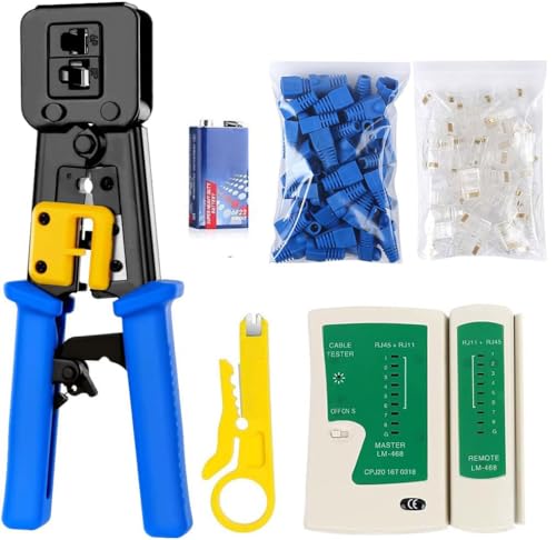 Image of SmartTech Pass Through crimping tool for RJ45 Network Cable Cut Strip Crimp Crimper With Cable Tester RJ45 Cat6 Connector(20),Boots Cover(20) (Passthrough Tool Kit with Cable Tester)