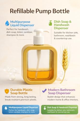 Image of Liquid Soap Dispenser | Refillable Pump Bottle for Hand Wash, Dish Wash, Shampoo, Conditioner, Shower Gel | Bathroom & Kitchen Use | Transparent Plastic | 300ml (Brown)