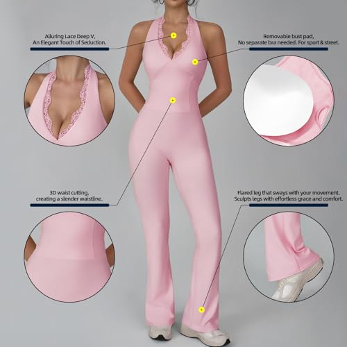 KAIFUYING Women Workout Scrunch Flare Jumpsuits Lace Deep V Hanging Neck Halter Backless Butt Lift Gym Yoga Jumpsuits Sexy jumpsuits Workout jumpsuits for women pink-XL — view 4