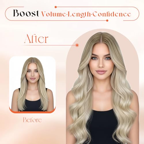 Image of Sunny Hair Clip in Hair Extensions Real Human Hair Blonde Balayage 22 Inch | Real Hair Extensions Clip in Human Hair Ash Blonde, Heat Styling Friendly, Natural Blend for Graduation Hairstyles 120g