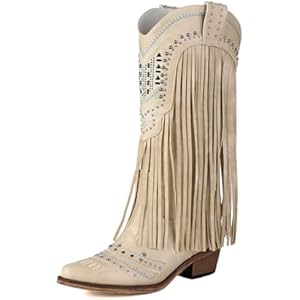 Fringe Cowboy Boots for Women Wide Calf Embroidered Tassal Cowgirl Boot Knee High Snip Toe Pull On Western Shoes 7.5 Beige