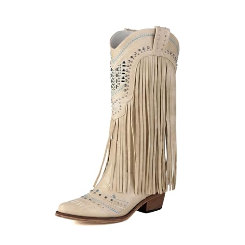 Image of Fringe Cowboy Boots for Women Wide Calf Embroidered Tassal Cowgirl Boot Knee High Snip Toe Pull On Western Shoes