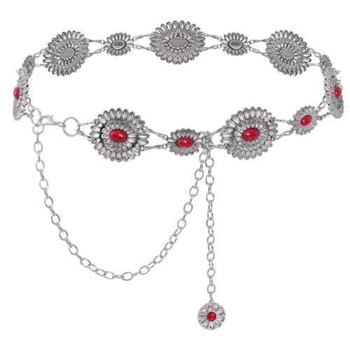 Western Metal Oval Concho Chain Belt for Women Cowgirl Turquoise Waist Chain Belt for Dresses Jeans Western