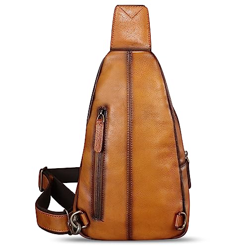 Image of Genuine Leather Sling Bag Embossed Crocodile Pattern Leather Crossbody Sling Backpack Handmade Chest Purse Daypack (Brown)
