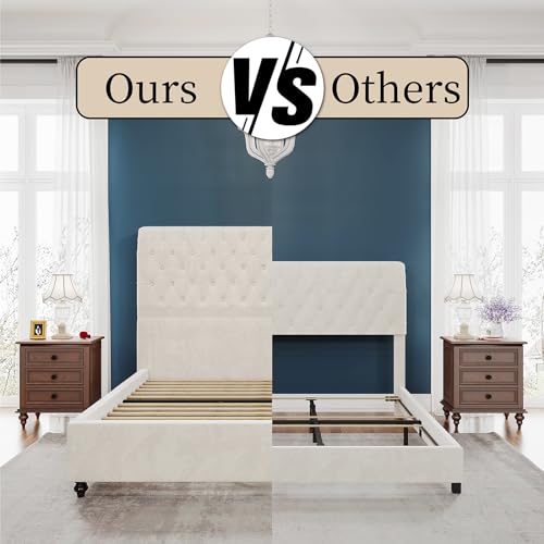 Bed-Frame-Queen-Size-Upholstered-Platform-Bed-with-528-Tall-Sleigh-Headboard-Button-Tufted-No-Box-Spring-Needed-Easy-Assembly-Cream Bed Frame Queen Size Upholstered Platform Bed with 528 Tall Sleigh Headboard Button Tufted No Box Spring Needed Easy Assembly Cream