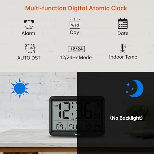 WallarGe Atomic Digital Wall Clock Battery Operated, Self-Setting, Large Display with Temperature, Date, Day of The Week, Silent Wall Mount Digital Clock, 4 Time Zones, DST - Image 5