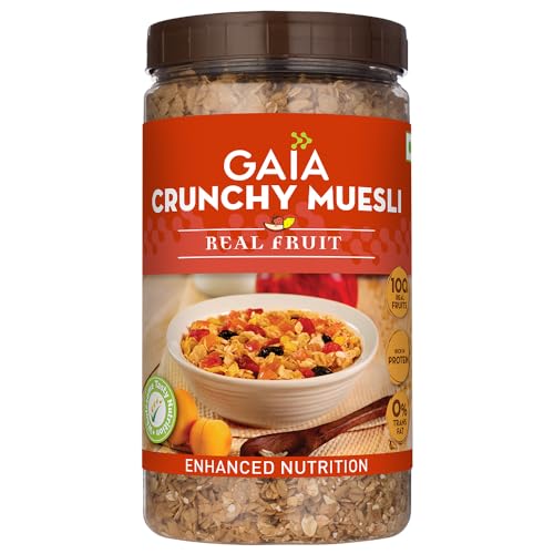 Image of GAIA Crunchy Muesli Real Fruit - Flakes, Oats, Almond, Raisins & Real Fruit, Low Calorie Healthy Breakfast, The Perfect Blend Of Crunch, Fiber-Rich Oats, Nuts, & Real Fruits, 1Kg Jar (Pack Of 2)