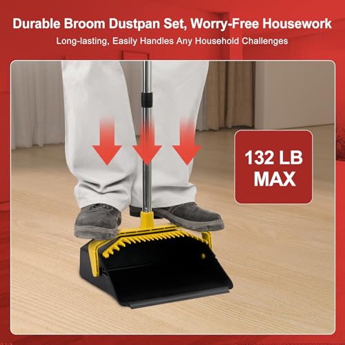 Image of Tiumso Broom with Dustpan Combo Set, Brooms and Dustpans Sets with 51'' Long Handle, Large Dust Pan and Broom, Self-Cleaning Dustpan Teeth for Lobby Kitchen Office - Black and Yellow