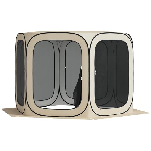 Outsunny Pop-up-Campingzelt Screen Tent klappbar Raumzelt mit Tragetasche, Mesh-Tür, Familienzelt Pavillon für 6 Personen, Camping, Garten, Terrasse, 340 x 300 x 220 cm, Khaki
