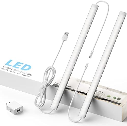 MOAMI Under Cabinet Lighting Plug-in, Under Counter Lights for Kitchen, 2Pcs 12inch Cool White 6000K, USB LED Light Bar for Indoor, Desk, Shelf, Closet
