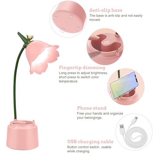 LED Flower Desk Lamp Cordless Table Light - Rechargeable Desk Lamp for Children, Pink Cute Cordless 3 Color Modes Dimmable Touch Control USB Girls Bedside Lamp Desk Light for Children Reading Study - Image 3