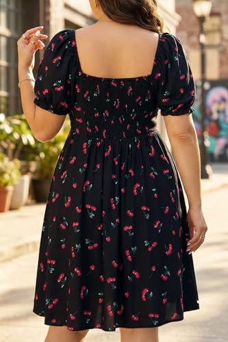 Image of Pinup Fashion Women Plus Size Casual Puff Sleeve Summer Sundress Smocked Short A Line Babydoll Cute Mini Dresses