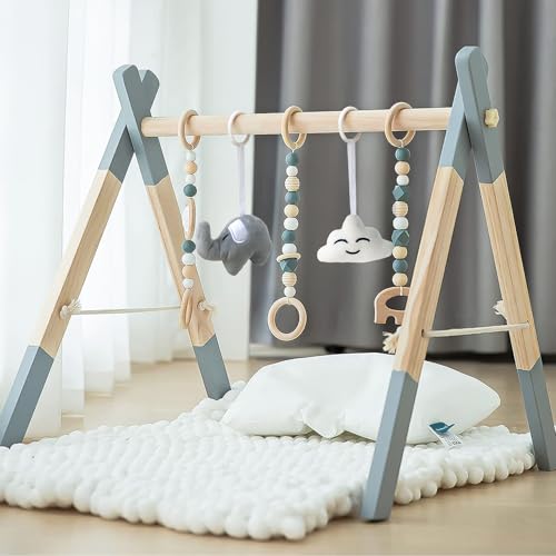Image of Wooden Baby Play Gym Foldable Baby Play Gym Frame Activity Gym Hanging Bar with 5 Gym Baby Toys Natural for Newborn Baby (Foldable Grey)