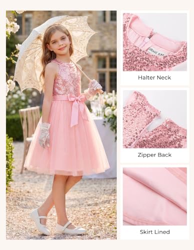 GRACE KARIN Girls Sequin Dress Halter Sleeveless Tulle Princess Party Wedding Flower Girl Dresses Size 10,Pink — view 3