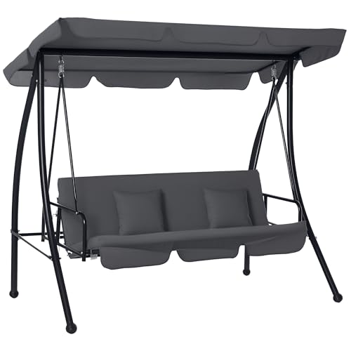 Outsunny Outdoor 2-in-1 Swing Chair Lounger 3 Seater Garden Swing Seat Bed Hammock Bed Convertible Tilt Canopy W/Cushion, Dark Grey