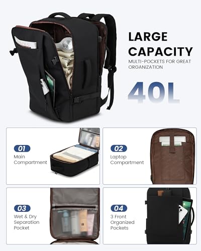 LOVEVOOK Handgepäck Rucksack, 40L Groß Reiserucksack Herren Damen Kofferrucksack Flugzeug Tasche, Travel Backpack Carry On Luggage für 17 Zoll Laptop, Reisetasche Koffer Cabin Bag für Reise, Schwarz