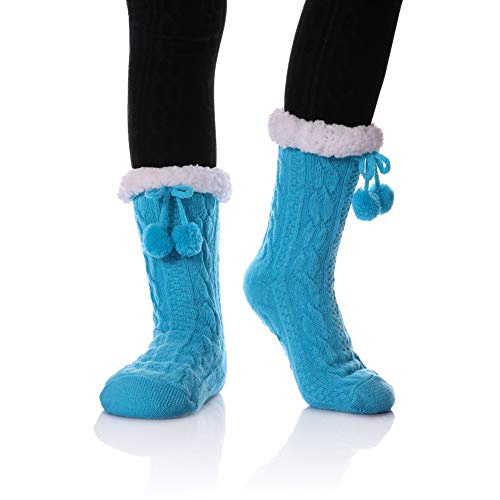 YEBING Women's Diamond Cable Knit Super Soft Warm Cozy Fuzzy Fleece-lined Winter Slipper Socks (Twist Pattern - Blue)
