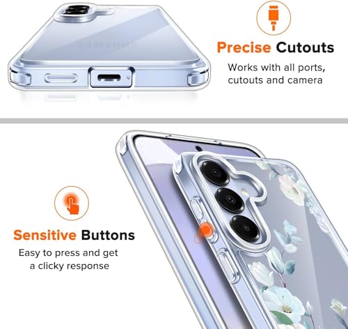Image of Elzzi Compatible with Samsung Galaxy S26 Plus 5G Case, Clear Transparent Floral Back Cover, Shockproof PC+TPU Protective Case, Wireless Charging Support, Blue