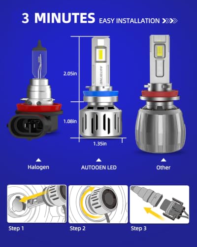 Image of AUTOONE H11 H8 H9 LED Bulbs,100000LM 6500K Ultra Bright, 99% Compat, 2PCS | 1800% Brighter with Cooling Fan, 1:1 Halogen Size Plug N Play, IP68WR, Built-in CANBUS 3.0, No Flickering, 10+Year Lifespan