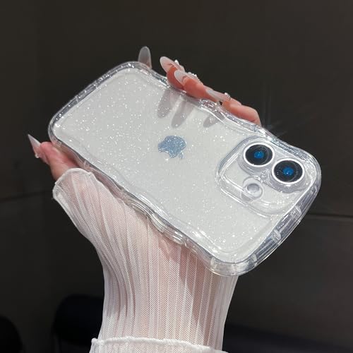 ZTOFERA for iPhone 16 ケース,女性女の子男性用クリアグリッターカーリーウェーブフレーム,iPhone 16用かわいいスマホケース,透明