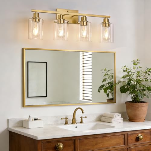 Image of MOKATNG 4-Light Bathroom Light Fixtures, Vanity Light with Clear Glass Shades, Brushed Gold Bathroom Light Fixtures Over Mirror, Modern Bathroom Wall Lamp for Mirror Living Room Cabinet Bedroom