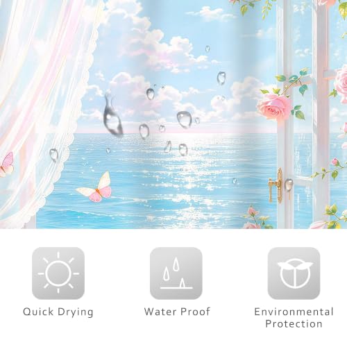 Image of Riyidecor Pink Ocean Floral Shower Curtain 72Wx72H Inch Coastal Beach Scenery Summer Roses Botanical Butterfly Beachside View Aesthetic Girls Bathroom Decor Fabric Polyester Waterproof 12 Pack Hooks