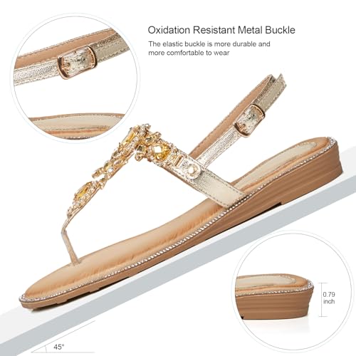 Image of iCKER Women Rhinestone Sandals T-Strap Buckle Bohemian Pearl Crystal Flat Sandals