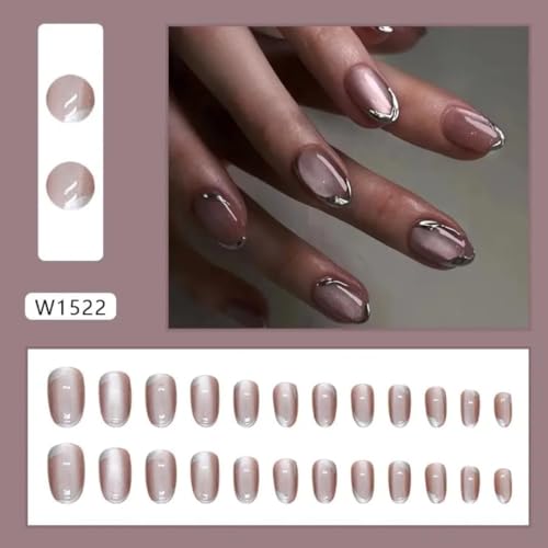 Image of Peach Cat Eye Metalic 3D Tip Round Press On Nails Kit for Women And Girls Fake Nail Extension | Reusable Nail Extension For Women With Glue Tab | Long Lasting Glossy Finish Artificial Nails | Easy to Apply Fake Nails for Salon Look at Home | Stick-On Manicure Kit For Parties, Weddings And Gifts | Trendy Nail Art Set for All Occasions (Peach-SilverRound)