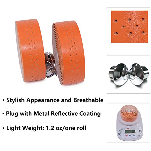 Kingou Handlebar Tape Luxury Pu Leather Bar Tape Fixed Gear/Road Bike Bar Wrap With 2 Reflective Plug (Orange) #TOP1
