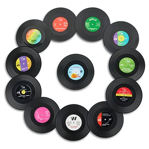 Juego de 12 posavasos de disco de vinilo, diseño retro de discos de CD, vinilo antideslizante, para café, té, cerveza, vino, hogar y bar