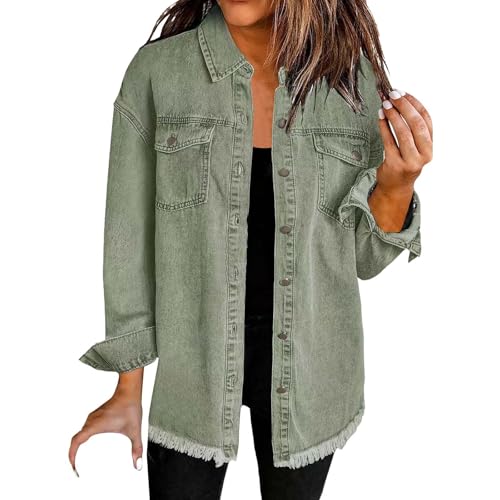 Womens Denim Jacket Plus Size Cropped Tassels Y2K Jean Jackets Frayed Long Sleeve With Pockets Cowboy Shirts