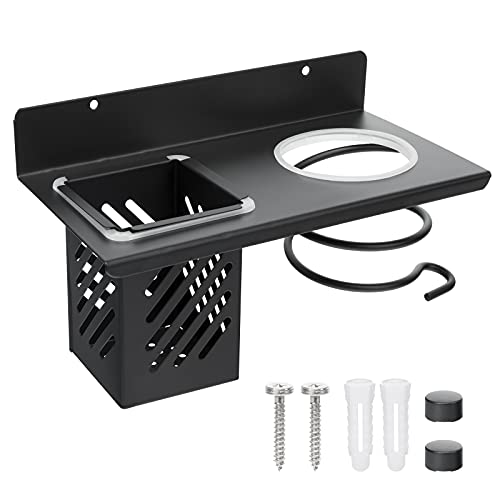 Tompig Soporte de Pared para Secador de Pelo,Acero Inoxidable Secador de Pelo Soporte Montado,1 Estante de Almacenamiento,con Tornillos de fijación,Barberías y Peluquerías Profesionales