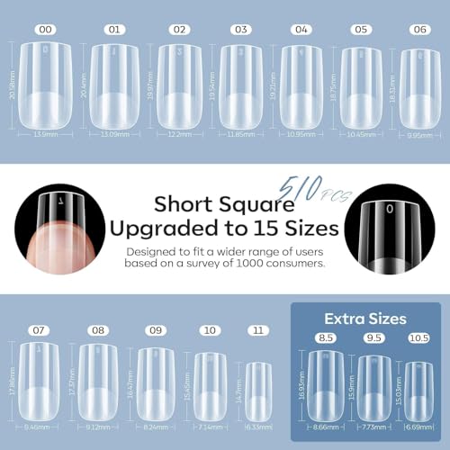 Image of modelones X Nail Gel Kit, 9-in-One Glue Prep Dehydrator & Portable Led Lamp | 15Sizes Gel Nail Tips Short Square 510Pcs Pre-shaped Square Press On Extension Kit DIY Salon Home Gift for Women