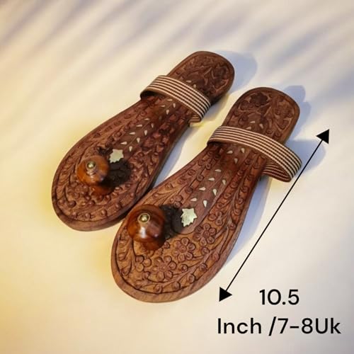 Image of Khadau Chappal for Men | Wooden Charan Paduka for Puja, Wearable Wooden Chappal Eco-Friendly (Rosewood) (7 UK, Brass-Carve)