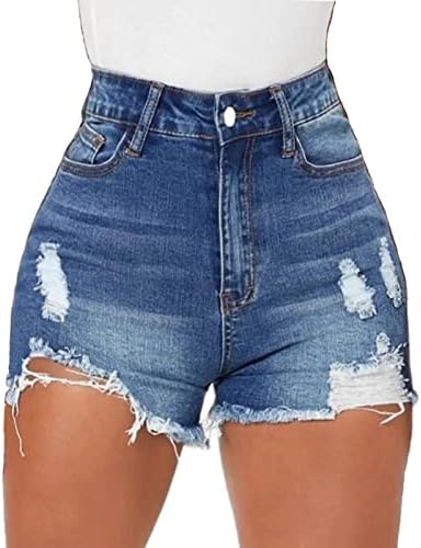 Tunlaud Women High Waisted Ripped Stretchy Hot Jeans Shorts Summer Distressed Frayed Raw Hem Denim Shorts (L, Dark Blue)