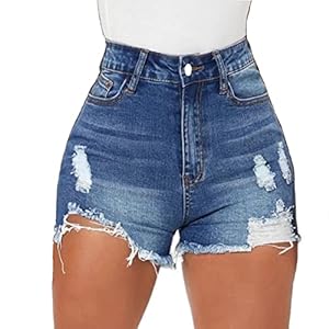 Women High Waisted Skinny Stretchy Denim Shorts Casual Summer Frayed Raw Hem Distressed Ripped Short Jeans