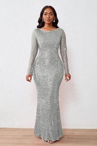 Image of VERWIN Women's Sequins Bodycon Round Neck Long Sleeve Sparkly Mermaid Maxi Dress for Casual Party Cocktail