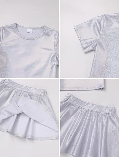 Image of Girls Metallic Sparkly Crop Top and Ruffle Mini Skirt Rave Party Jazz Dance Circus Performance Outfit