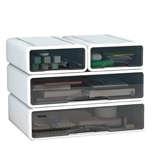 KAYYUKI WH Stackable Office Storage Box with Drawers｜ Desk Storage Box with 4 Drawers｜Organize desk accessories Plastic desktop storage box｜（Fashion Pearl White）